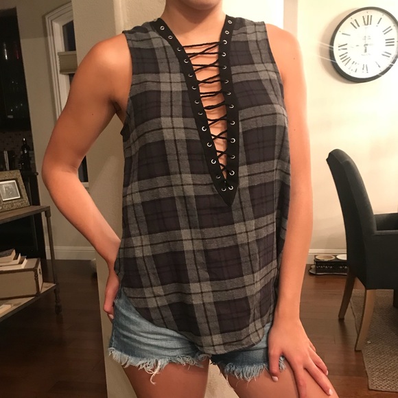 Elodie Tops - Plaid tank top with lace up front